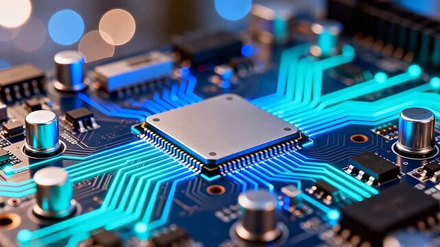 Closeup of a glowing circuit board