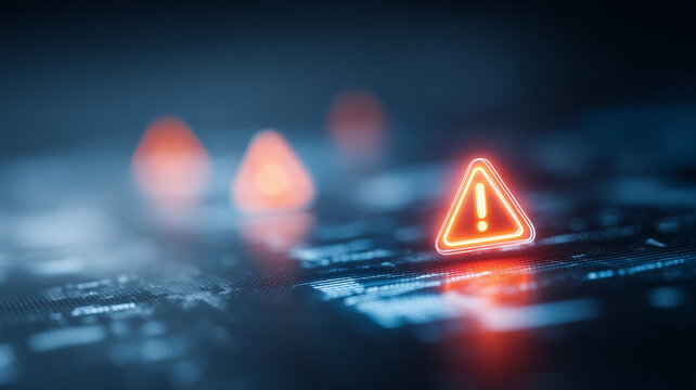 Warning triangle icon on a digital surface, representing cybersecurity risk, system alert, threat detection, and urgent protection response.
