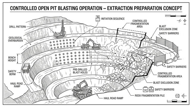 Controlled open pit blasting operation extraction preparation concept diagram.