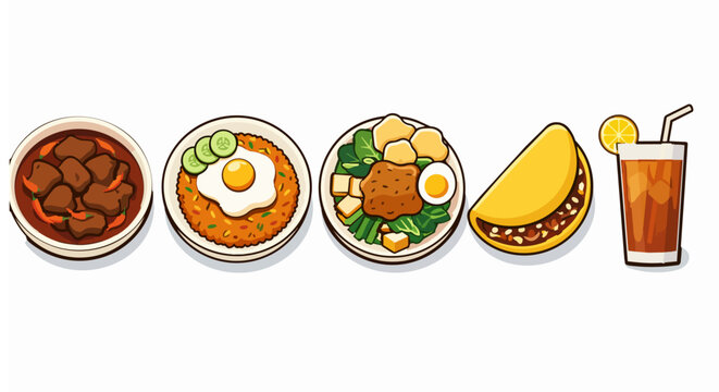 Indonesian Traditional Food Flat Design Icon Set featuring five iconic dishes: rendang spicy beef stew, nasi goreng fried rice with sunny-side-up egg, gado-gado vegetable salad with peanut sauce, mart