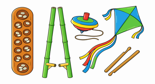 Indonesian Traditional Children Games Flat Design Icon Set featuring five iconic folk games: congklak wooden mancala board with cowrie shells, egrang bamboo stilts, gasing traditional spinning top
