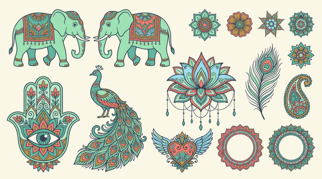 Conjunto de elementos decorativos estilo boho com elefantes, pav&atilde;o, flor de l&oacute;tus, m&atilde;o de hamsa, penas e mandalas coloridas em design ornamental detalhado sobre fundo bege claro.