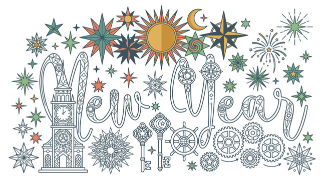 Ilustra&ccedil;&atilde;o vetorial de Ano Novo com letras decorativas, rel&oacute;gio estilo Big Ben, engrenagens, chaves antigas e elementos celestiais como sol, lua e estrelas em estilo de arte linear.