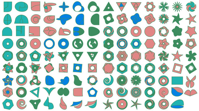 Conjunto abrangente de formas geom&eacute;tricas abstratas e &iacute;cones minimalistas em tons de azul, verde e rosa, organizados em uma grade sobre um fundo branco limpo para design gr&aacute;fico.