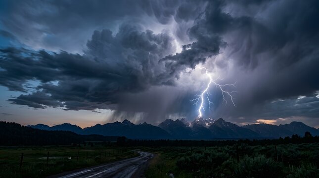 Dramatic Lightning Strike Illuminates Mountain Range During Stormy Evening.