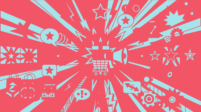 Ilustra&ccedil;&atilde;o vetorial vibrante com um carrinho de compras centralizado, megafone e &iacute;cones de varejo sobre um fundo rosa e azul, representando promo&ccedil;&otilde;es, ofertas e marketing de vendas.