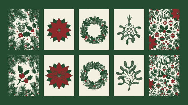 Conjunto de cart&otilde;es de Natal com ilustra&ccedil;&otilde;es bot&acirc;nicas vintage de poins&eacute;tias, guirlandas, visco e ramos de pinheiro em estilo desenhado &agrave; m&atilde;o sobre fundo verde escuro festivo.
