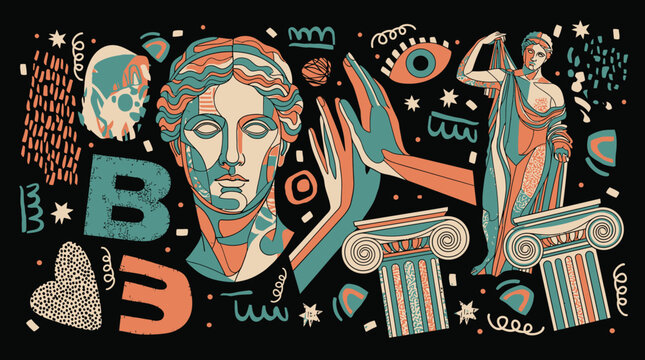 Composi&ccedil;&atilde;o art&iacute;stica com elementos da mitologia grega, incluindo bustos de est&aacute;tuas cl&aacute;ssicas, colunas j&ocirc;nicas, m&atilde;os e s&iacute;mbolos abstratos em um estilo gr&aacute;fico moderno e colorido sobre fundo preto.