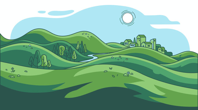 Ilustra&ccedil;&atilde;o vetorial de uma paisagem rural serena com colinas verdes ondulantes, &aacute;rvores, um rio sinuoso e uma pequena vila ao fundo sob um c&eacute;u azul ensolarado.