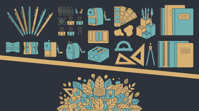 Conjunto de &iacute;cones de material escolar e escrit&oacute;rio em estilo plano com cadernos, l&aacute;pis, apontadores e r&eacute;guas em uma paleta de cores azul e bege sobre um fundo escuro elegante.