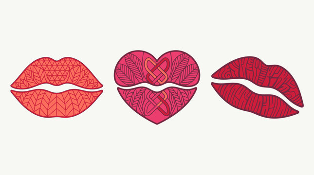 Conjunto de ilustra&ccedil;&otilde;es vetoriais com l&aacute;bios estilizados e um cora&ccedil;&atilde;o decorado com padr&otilde;es geom&eacute;tricos e florais em tons de vermelho e rosa, ideal para design de cart&otilde;es de dia dos namorados.