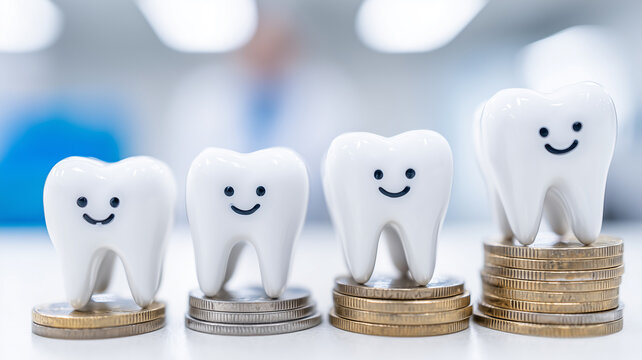 Smiling teeth standing on stacked coins representing dental care costs, insurance value and oral health investment.
