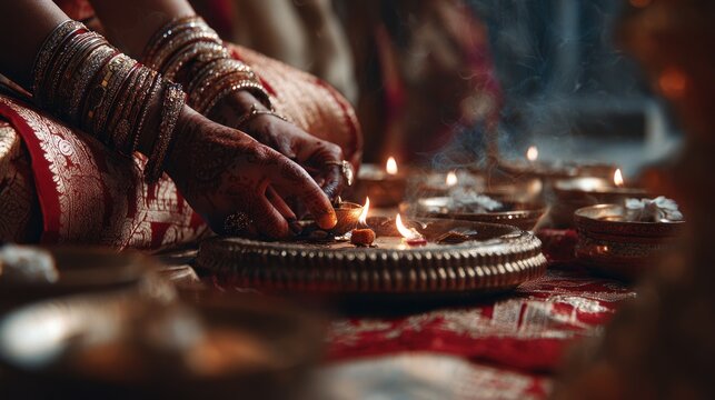 Close up of hands with bangles performing Hindu wedding ritual.
