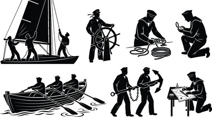 Sailor and mariner crew vector black silhouette collection isolated on white background © Radongo