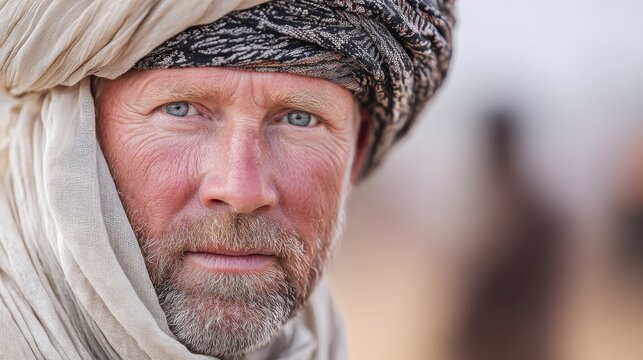 Close-up portrait of man in traditional turban headscarf.