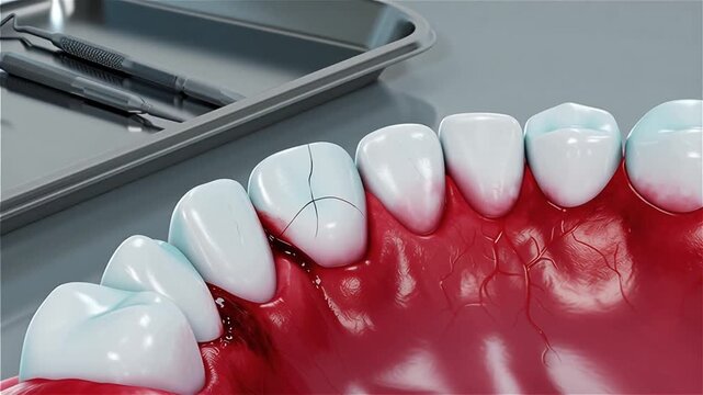 Dental surgery close up of teeth with stitches and surgical tools in sterile tray