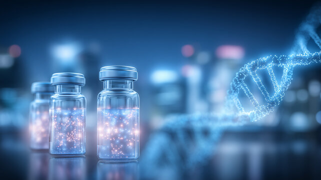 Medical vials beside a DNA strand representing genetic medicine, biotechnology research, vaccines, and future pharmaceutical innovation.
