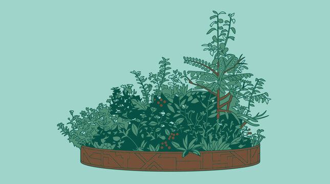 Eine flache, illustrierte Darstellung eines runden Hochbeets mit einer Vielzahl von gr&uuml;nen Pflanzen und Kr&auml;utern vor einem hellblauen Hintergrund f&uuml;r botanische Designs.