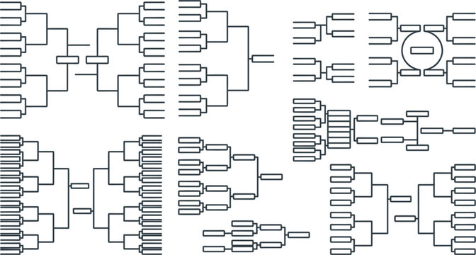 Sports Tournament Bracket Line Art Vector Layout Set with Single Elimination Grid Playoffs Hierarchy and Versus Championship Matchup Flowcharts