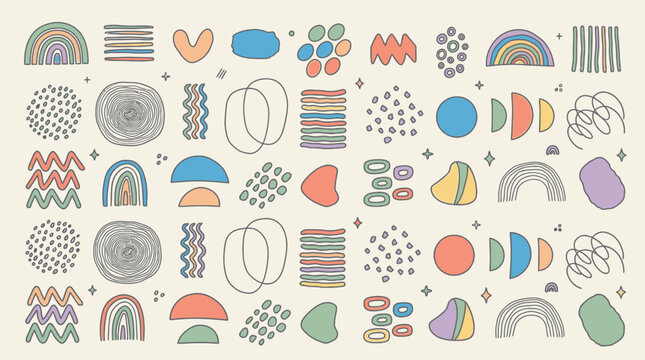 Ein nahtloses Muster mit handgezeichneten abstrakten Formen, Regenb&ouml;gen, Punkten, Linien und organischen Elementen in einer modernen, pastellfarbenen Farbpalette auf einem hellen Hintergrund.