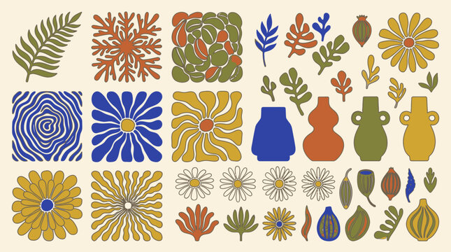 Eine Sammlung von handgezeichneten botanischen Elementen, Blumen, abstrakten Mustern und Keramikvasen im modernen Retro-Stil mit einer warmen Farbpalette auf einem hellen Hintergrund.