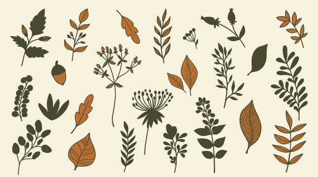 Eine Sammlung von handgezeichneten herbstlichen Bl&auml;ttern, Zweigen und Pflanzen in einer flachen, minimalistischen Illustration auf einem hellen, cremefarbenen Hintergrund.