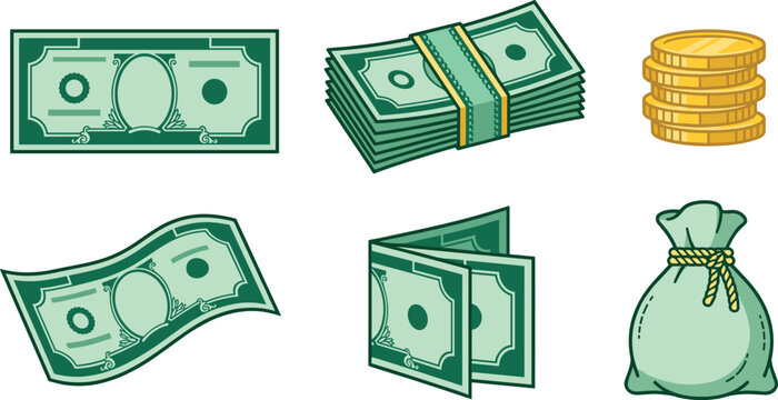 Money and finance vector element set with cash graphics including dollar banknote stack of bills golden coins folded wallet and money bag