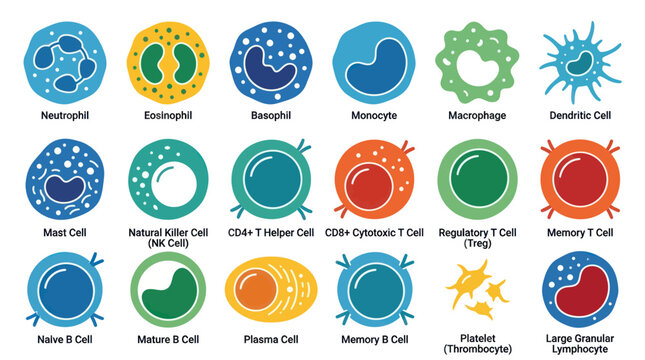 Medical Blood Cells Flat Vector Icons Set. Human Immune System Leukocytes, Lymphocytes, Granulocytes, Monocytes, Platelets