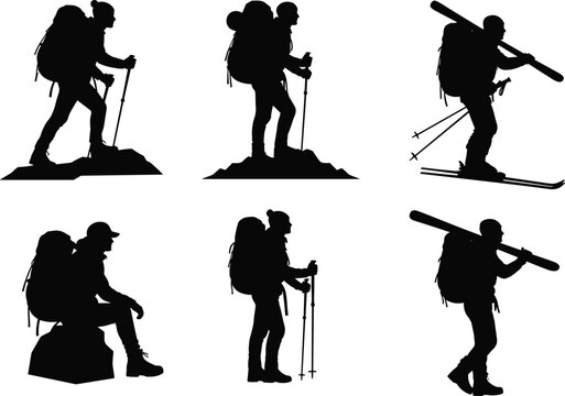 Outdoor adventurer silhouettes with backpacks, trekking poles, skiing gear, exploration poses, hiking and skiing sport vector illustration set