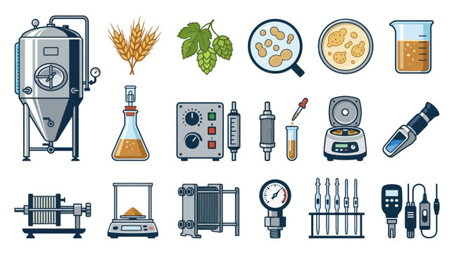 Craft Beer Brewing Production Process Flat Vector Icons Set with Equipment, Ingredients  Lab Tools