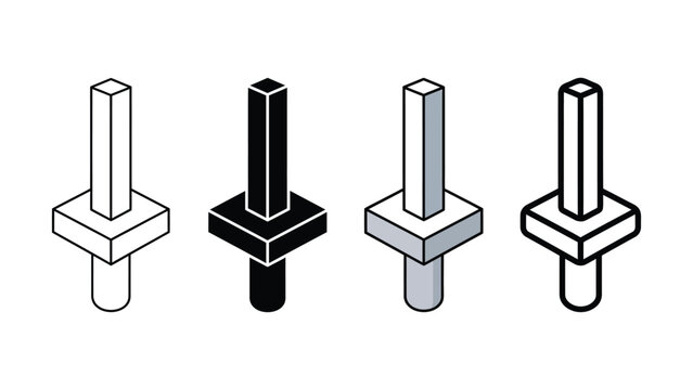 Four isometric vector icons representing a minimalist stylized sword or abstract shape with variations in outline and fill