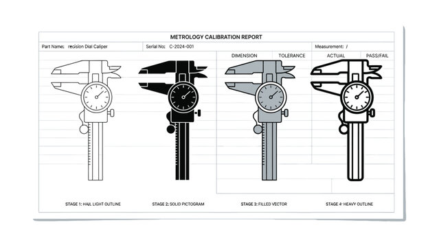 Metrology calibration report shows four stages of dial caliper development and illustration evolution