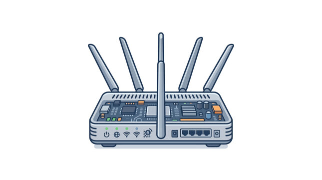 A detailed illustration of a modern wireless internet router with multiple antennas.