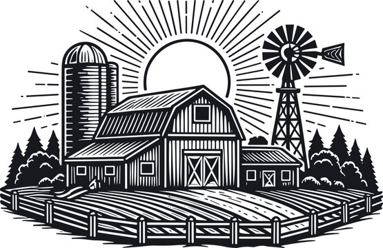 Rustic farm landscape with barn house and windmill silhouette, rural countryside scenery under sun rays, vintage woodcut style, agricultural field nature vector illustration