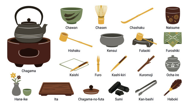 Japanese Tea Ceremony Utensils Flat Vector Illustration. Traditional Matcha Tools Icons Collection.
