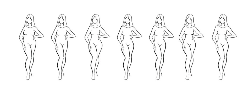 Vector outline illustration of a row of female figures with various body shapes. Linear silhouettes showing diverse woman body types isolated on a white background.