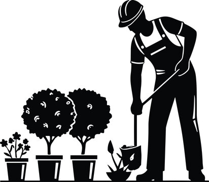 Silhouette gardener with shovel planting small plant, outdoor landscaping scene with potted shrubs, manual labor garden maintenance illustration