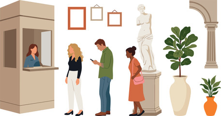 Art Museum Ticket Counter and Exhibition Gallery Vector Element Set with People Waiting in Queue, Marble Sculpture, Picture Frames, and Classical Arch Pillar © Surjo