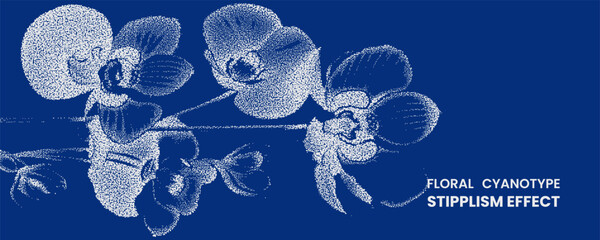 Floral cyanotype stipplism effect with white orchid flowers on a deep blue background, artistic botanical illustration with dotwork texture © MDMahmudul