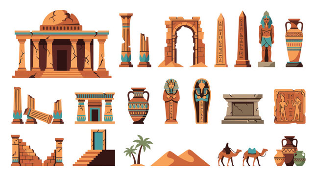 Flat Vector Ancient Egypt Icons Set: Historical Artifacts, Architecture, Pharaohs, Culture  Travel Elements