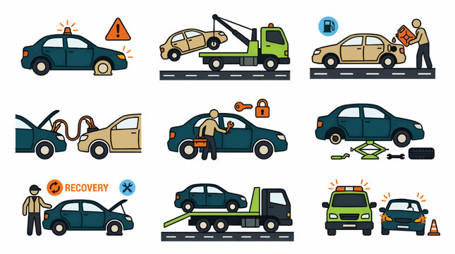 Flat Vector Icons Set of Car Repair and Roadside Assistance Services, Including Tow Truck, Flat Tire, Jump Start, Fueling, and Mechanic Assistance, Graphic Resource Collection