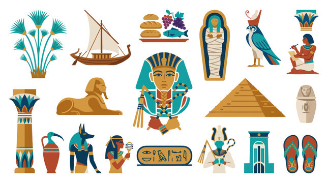 Ancient Egypt Flat Vector Icons Set. Historical Culture, Travel, and Mythology Symbols Collection