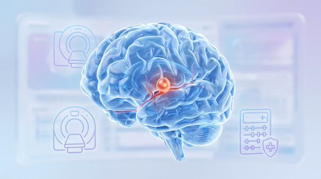 Brain tumor and cerebral aneurysm medical diagnosis concept with 3D tech illustration of a translucent human brain with a glowing red disease nodule over MRI icons