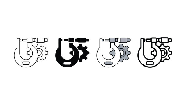 Set of four engineering measurement icons depicting micrometers and gears for precision manufacturing concepts