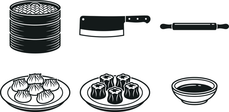 Asian Dim Sum and Chinese Dumpling Preparation Icon Set with Multi Tier Bamboo Steamer Basket Cleaver and Rolling Pin Silhouette Vectors