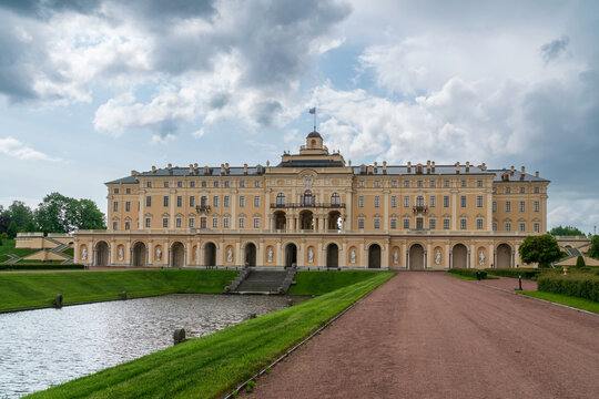 Strelna, St. Petersburg, Russia, June 12, 2025: Konstantinovsky Palace (Bolshoy Strelninsky Palace) of the palace and park ensemble in Strelna from the side of Nizhny Park on a sunny summer day