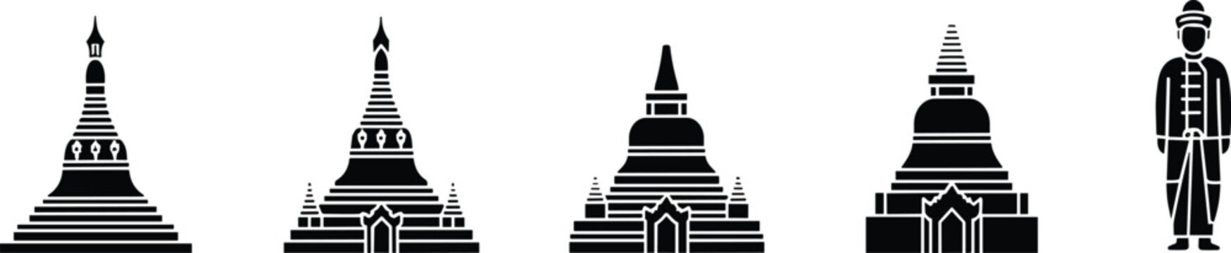Traditional Asian pagoda silhouettes and cultural character, ancient Buddhist stupa icons, oriental religious landmarks for travel and tourism, vector illustration
