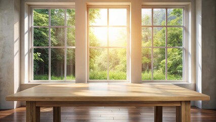 Fototapeta premium Wooden table placed in front of large window with natural light pouring in