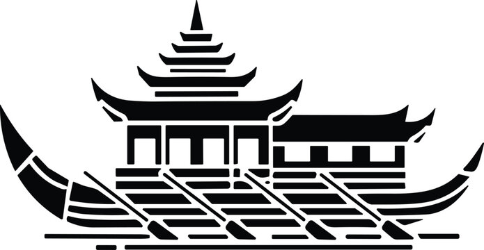 Traditional royal Asian barge silhouette with ornate pagoda temple structure, cultural ceremonial boat on water, minimalist folk art style, vector illustration