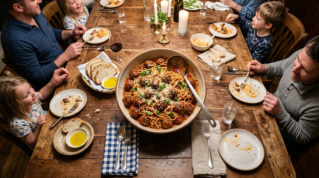 Family sharing a large bowl of spaghetti with meatballs and marinara sauce on a wooden table during a dinner gathering